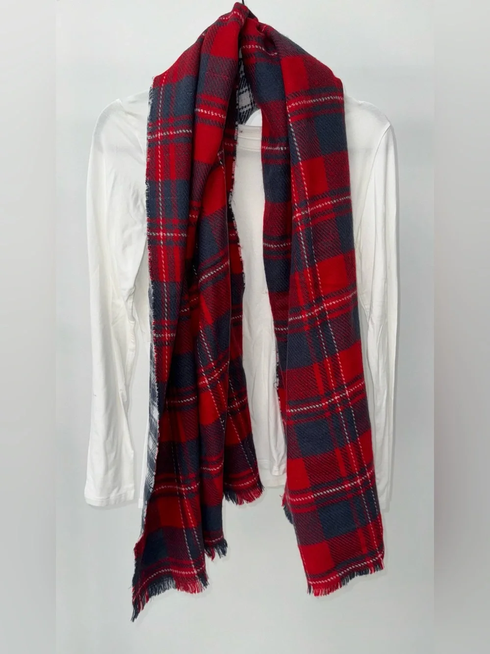 Abercrombie & Fitch Plaid Navy Blue & Red Winter Fringe Scarf